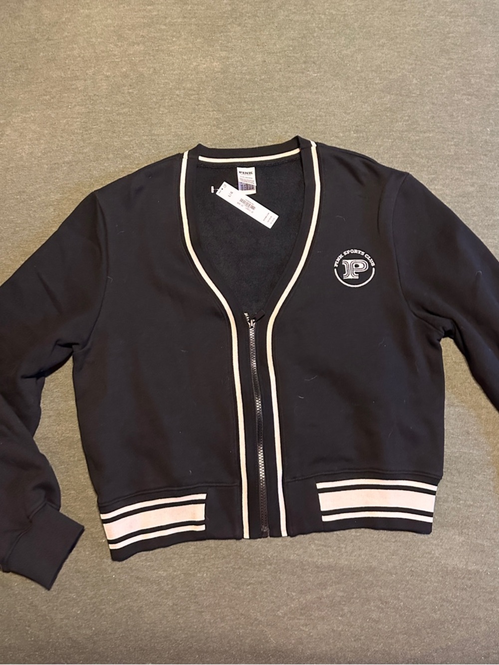 PINK Victoria's Secret Black Zip-Front Varsity Jacket with White Trim